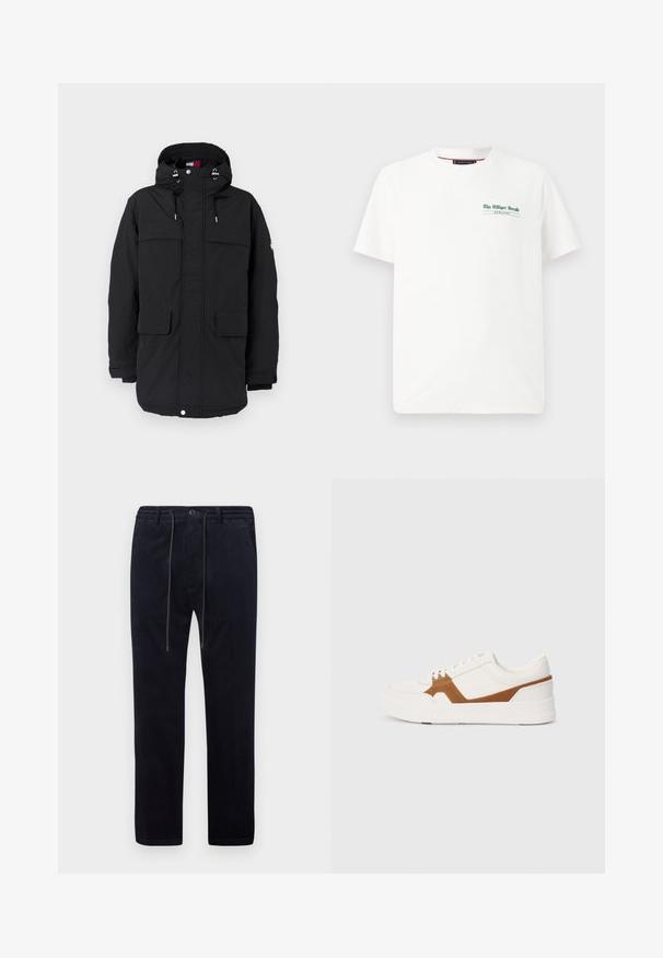 Parka preta com capuz, apresentando cordões, dois grandes bolsos frontais e fecho zip. Textura suave e corte descontraído.; Camiseta branca de algodão com mangas curtas e decote redondo, apresentando uma impressão verde no lado esquerdo do peito com as palavras "The Milliger Herald" e "MCHLXXXV."; Calças de veludo cotelê azul-marinho com uma superfície texturizada, pernas retas, cintura elástica, cordão e bolsos frontais.; Sapatilha branca com detalhes em camurça castanho, apresentando um acabamento texturizado, bico redondo, sola grossa e design clássico de atacadores.