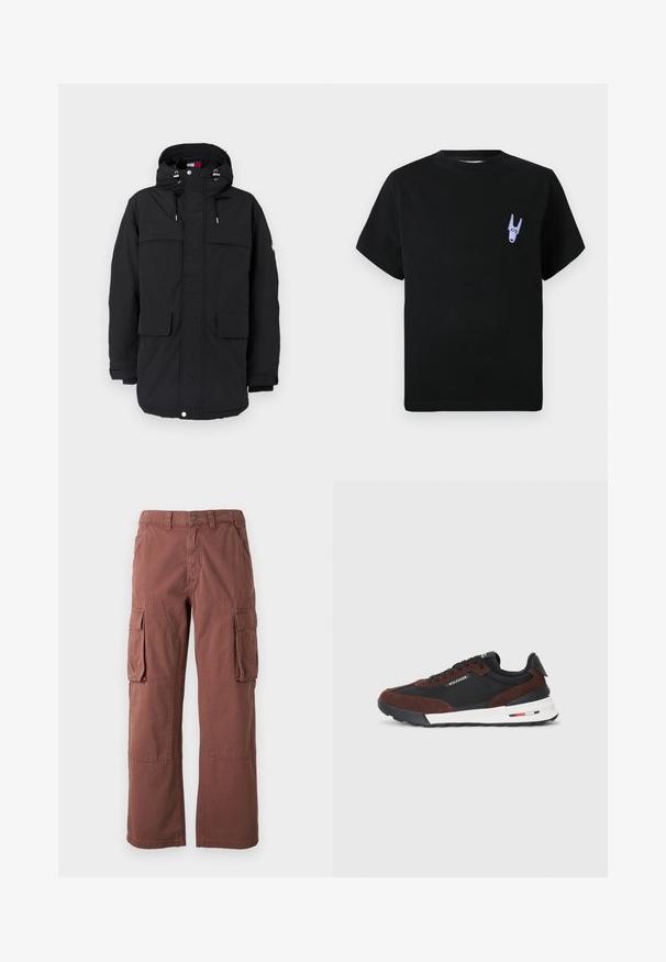 Črna parka jakna s kapuco, ki vsebuje vrvice, dve veliki sprednji žep in zadrgo. Gladka tekstura in sproščen kroj.; Črna bombažna majica s kratkimi rokavi, ki ima majhen vijoličen grafični detajl na levi strani prsnega koša. Preprost, kvadraten dizajn.; Cargo hlače v rjavi barvi, izdelane iz trpežnega materiala. Imajo velike stranske žepke, ravne hlačnice in zapiranje na gumb na pasu.; Tommy Hilfiger RETRO RUNNER MIX - Športni copati - black/cocoa