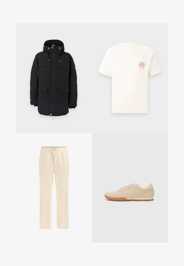 Parka noire avec capuche, dotée de cordons de serrage, de deux grandes poches avant et d'une fermeture zippée. Texture lisse et coupe décontractée.; T-shirt blanc à manches courtes avec le texte rouge "Édition Originals du Studio" sur la poitrine gauche, présenté sur un fond gris neutre.; Pantalons de jogging beiges en tissu doux avec taille élastique, cordon de serrage et poches latérales. Design à jambes droites avec une texture lisse.; Baskets en daim beige au design épuré, présentant une tige texturée, un bout rond et une semelle en caoutchouc avec un motif en zigzag.