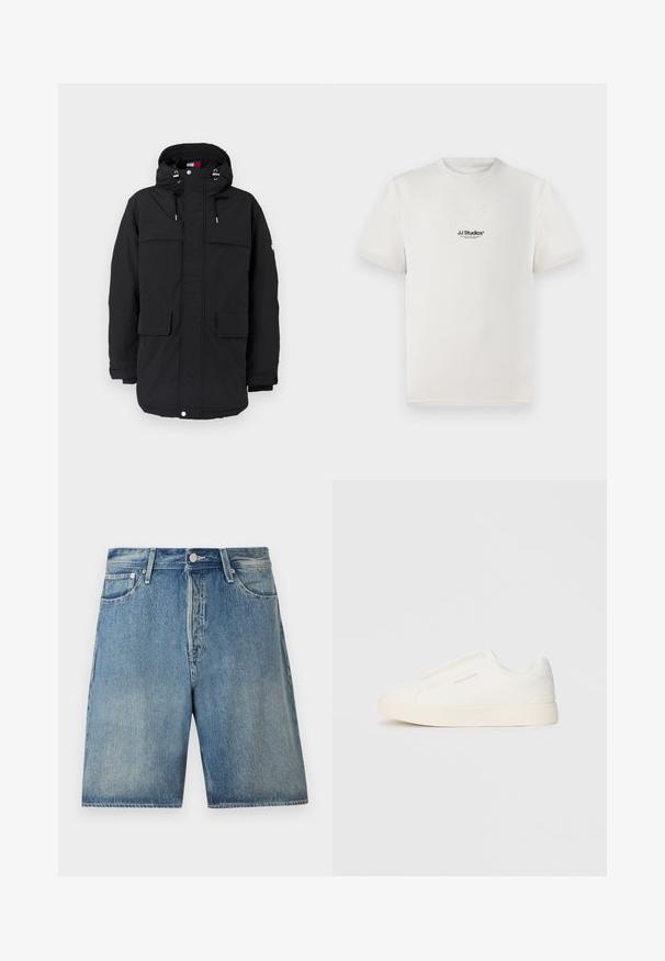 Svart parkajakke med hette, med snøring, to store frontlommer og glidelås. Glatt tekstur og avslappet passform.; Hvit bomulls-t-skjorte med korte ermer, med en svart "JJ Studios" logo på brystet. Rund hals og standard passform.; Denimshorts i lys blå, med et klassisk fem-lomme design, knappelukking, rett snitt, og en lett falmet finish.; Hvite slip-on joggesko med teksturert overflate, tykk såle og minimalistisk design. Har merkevarelogo på siden.