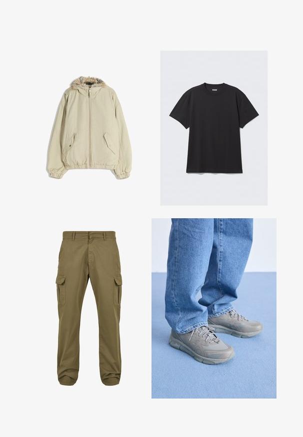 Beige Jacke mit abnehmbarem, mit Fleece gefüttertem Kapuze, Reißverschluss, elastischen Bündchen und zwei seitlichen Taschen mit Druckknöpfen. Weiche Stoffstruktur.; Schwarzes T-Shirt mit kurzen Ärmeln aus Baumwolle. Hat einen Rundhalsausschnitt und eine lockere Passform. Einfaches Design ohne sichtbare Muster oder Akzente.; Grüne Cargo-Hosen mit geradem Schnitt, aus Baumwolle, seitlichen Taschen und Knopfverschluss für Funktionalität. Glatte Textur, lässiges Design.; Graue Sportschuhe mit strukturierter Oberfläche, ausgestattet mit einer gel-dämpfenden Sohle und gemusterten Akzenten, getragen mit hellblauen Jeans.