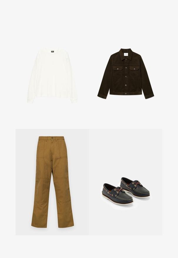 Dunkelgrüne Cordjacke mit Kragen, zwei Brusttaschen, silbernen Druckknöpfen und geripptem Stoff.; Weißes Langarmhemd aus weichem Material, mit weitem Rundhalsausschnitt und lässiger Passform. Glatte Textur mit gerippten Bündchen.; Braune, weit geschnittene Hosen aus weichem Stoff mit glatter Textur, versehen mit aufgesetzten Taschen und verstärkten Nähten für Langlebigkeit.; Marineblaue Lederbootsschuhe mit gelbem Nähen, roten Schnürsenkeln und silbernen Ösen; runde Zehenform; weiße Gummisohle.