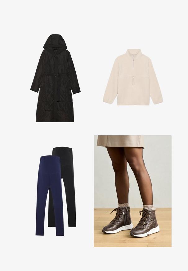Fekete puffkabát kapucnival, elől cipzárral, övvel a derékrészen és steppelt textúrával. Hosszú ujjak és térdig érő dizájn.; Fleece pulóver törtfehér színben, félig cipzáros nyakkal, hosszú ujjal és elülső zsebbel, amely állítható zsinórral rendelkezik. Puha tapintású.; Két pár leggings, az egyik sötétkék, a másik fekete, sima textúrával és magas derékkal a biztos illeszkedés érdekében.; Anna Field Platform bokacsizmák - brown