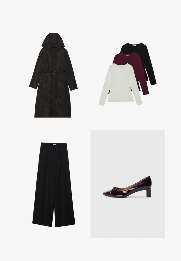 Fekete puffkabát kapucnival, elől cipzárral, övvel a derékrészen és steppelt textúrával. Hosszú ujjak és térdig érő dizájn.; Hosszú ujjú pólók fehér, burgundi és fekete színben. Puha anyagból készült, kerek nyakú és testhez simuló fazonú. Réteges öltözködéshez is alkalmas.; Fekete, bő szárú nadrág, texturált anyagból, rugalmas derékpánttal és levehető sállal a derekán, amely állítható illeszkedést biztosít.; Lakkbőr, fényes bordó pumpa sarok, hegyes orral, masni díszítéssel és tömbsarkas kialakítással.