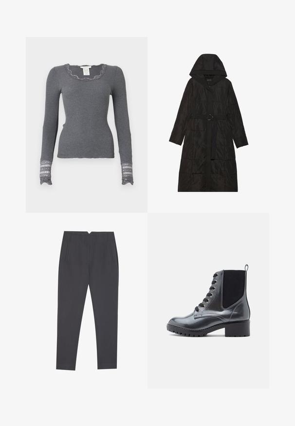 Fekete puffkabát kapucnival, elől cipzárral, övvel a derékrészen és steppelt textúrával. Hosszú ujjak és térdig érő dizájn.; Szürke, hosszú ujjú bordás felső, fodros nyakkivágással és csipkeborítású mandzsettával, amely texturált mintázattal rendelkezik.; Sötétszürke, oldalzsebbel és elülső redőkkel ellátott, tapered fazonú nadrág, testhezálló szabással.; Fekete lakkbőr bokacsizma, blokksarkú, fűzős elülső résszel és elasztikus oldalsó panelekkel a könnyű felhúzás érdekében. Strapabíró talp a tapadásért.