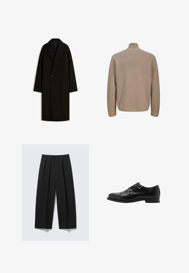 Lang sort uldfrakke med bred krave, enkeltknap lukning og sidelommer, præsenteret fladt på hvid baggrund.; Beige pullover sweater med høj krave, ribbede tekstur og lange ærmer. Bagsiden har et glat, rent design uden udsmykninger.; Sorte bukser med bred benlængde lavet af letvægtsstof, udstyret med et elastisk taljebånd med snøre og uden synlige lommer.; Sorte læder dobbelte monk strap sko med rund tå og sølv spænder. Glat tekstur og en flad hæl sikrer stabilitet.