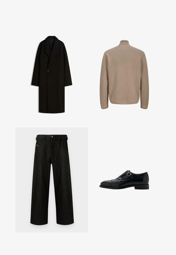 Pitkä musta villakangastakki leveällä kauluksella, yksittäisellä nappikiinnityksellä ja sivutaskuilla, esillä tasaisena valkoista taustaa vasten.; Beige pullover neule, jossa on korkea kaulus, ribbikuviointi ja pitkät hihat. Takana on sileä, puhdas muotoilu ilman koristuksia.; Mustat leveät farkut, valmistettu denimistä, joissa on vetoketjulahje, viisi taskua ja hienovarainen merkintä etutaskussa. Kestävä ja teksturoitu kangas.; Musta nahkainen juhlakenkä, jossa on kaksi solkea, pyöreä kärki ja sileä pinta. Kenkässä on matala korko ja tyylikäs siluetti.