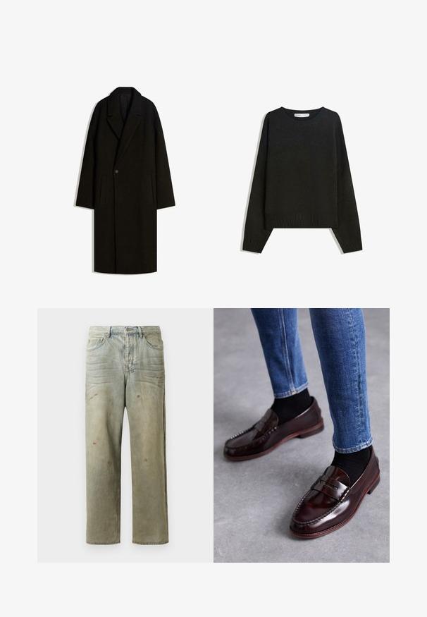 Dlhý čierny vlnený kabát s širokým golierom, jedným gombíkom a bočnými vreckami, vystavený na bielom pozadí.; Čierny pletený sveter s okrúhlym výstrihom, rebrovanými manžetami a lemom. Dizajn je široký s padnutými ramenami pre uvoľnený strih.; Zničené džínsy vo svetlozelenej farbe s rovnými nohavicami, piatimi vreckami a nerovnomerným vyblednutím so škvrnami od farby.; Paul Smith LIDO BORDO - Elegantné našuchovačky - red