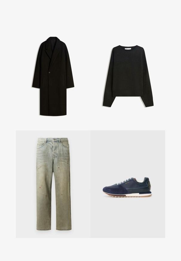 Pitkä musta villakangastakki leveällä kauluksella, yksittäisellä nappikiinnityksellä ja sivutaskuilla, esillä tasaisena valkoista taustaa vasten.; Mustaa neulottua villatakkia, jossa on pyöreä pääntie, röyhelöille sekä helma. Muoto on laatikkomainen ja olkapäät ovat alhaalla, mikä luo rennon istuvuuden.; Vaaleanvihreät kulutetut farkut suoran lahkeen, viiden taskun muotoilun ja epätasaisen haalistumisen sekä maalikohoumiin kanssa.; Tummansininen mokka- ja nahkakengät valkoisilla nauhoilla, tekstuuripohjalla ja ruskea yksityiskohta takana, jossa on logokoristelu.