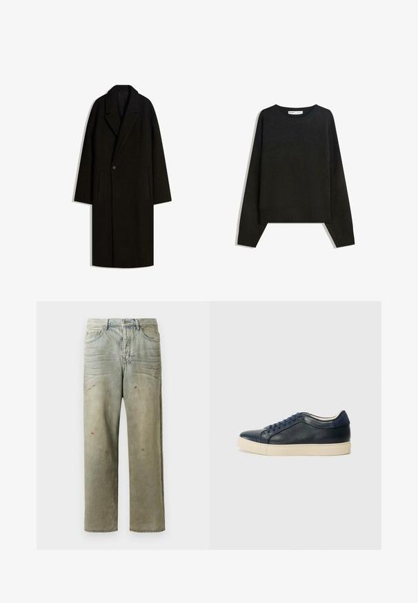 Pitkä musta villakangastakki leveällä kauluksella, yksittäisellä nappikiinnityksellä ja sivutaskuilla, esillä tasaisena valkoista taustaa vasten.; Mustaa neulottua villatakkia, jossa on pyöreä pääntie, röyhelöille sekä helma. Muoto on laatikkomainen ja olkapäät ovat alhaalla, mikä luo rennon istuvuuden.; Vaaleanvihreät kulutetut farkut suoran lahkeen, viiden taskun muotoilun ja epätasaisen haalistumisen sekä maalikohoumiin kanssa.; Tummansininen nahkasneakeri, jossa on vaaleanruskea kumipohja, siniset nauhat ja sileä pinta. Pyöreä kärki ja minimalistinen muotoilu.