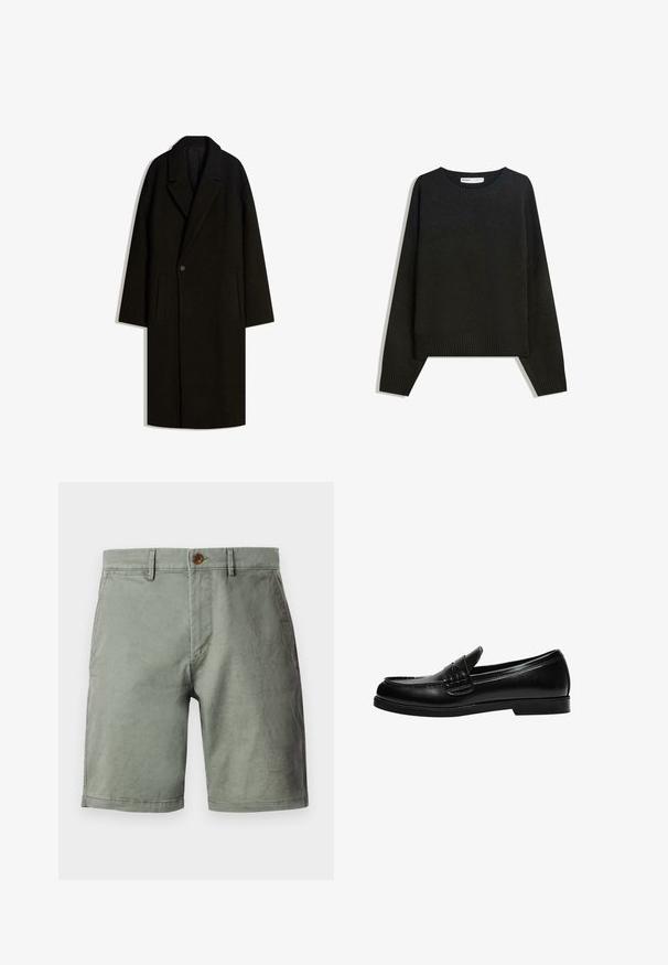 Lange zwarte wollen overjas met een brede kraag, sluiting met één knoop en steekzakken aan de zijkanten, plat weergegeven op een witte achtergrond.; Zwarte gebreide trui met een ronde hals, geribde manchetten en zoom. Het ontwerp is recht en heeft verlaagde schouders voor een comfortabele pasvorm.; Lichtgroene shorts van een katoenmix, met een sluiting met knoop aan de voorkant, riemlussen en een vlakke voorkant. Gladde textuur, knielengte.; Zwarte leren loafers met een gladde afwerking, voorzien van stiksel op de voorkant en een lage, stevige zwarte rubberen zool.