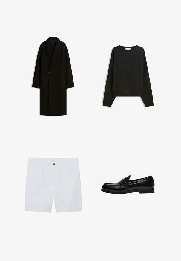 Palton lung din lână neagră, cu guler lat, închidere cu un singur nasture și buzunare laterale, expus plat pe un fundal alb.; Pulover negru tricotat, cu guler rotund, manșete și tiv cu nervuri. Designul este drept, cu umeri căzuți pentru o croială lejeră.; Pantaloni scurți din bumbac alb, cu închidere prin buton frontal, două buzunare laterale și croială dreaptă. Etichetă de marcă "Pier One" pe talie.; Loafers din piele neagră cu un finisaj neted, având un detaliu de cusătură pe gât și o talpă joasă din cauciuc negru solid.