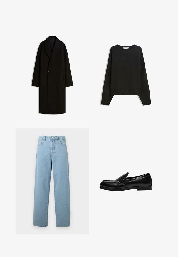 Lang sort uldfrakke med bred krave, enkeltknap lukning og sidelommer, præsenteret fladt på hvid baggrund.; Sort striktrøje med rund halsudskæring, ribbede manchetter og nederste kant. Designet er rummeligt med dropped shoulders for en afslappet pasform.; Lyseblå vide jeans lavet af denim, med frontknaplukning, traditionelt fem-lommer design og en afslappet pasform.; Sorte læder loafers med en glat overflade, der har en syning detalje på vampen og en lav, solid sort gummisål.