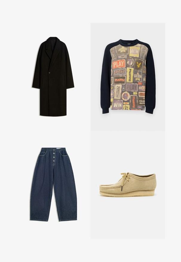 Palton lung din lână neagră, cu guler lat, închidere cu un singur nasture și buzunare laterale, expus plat pe un fundal alb.; Pulover tricotat cu un front decorat cu un model ce include grafică tematică de jocuri în culori variate și un spate și mâneci tricotate rib la o nuanță închisă de bleumarin.; Pantaloni din denim albastru închis, cu picioare largi, talie înaltă, închidere cu cinci nasturi și cinci buzunare. Prezintă accente de cusătură pe cusături.; Shoe din suede bej cu un design cu șireturi, detalii cusute și talpă din cauciuc. Forma este casual, cu un ușor toc în wedge.