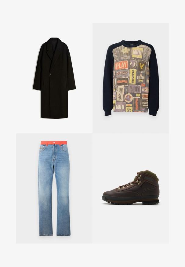 Hosszú fekete gyapjús dérkabát széles gallérral, egygombos záródással és oldalsó zsebmegvágásokkal, fehér háttéren laposan bemutatva.; Kötött pulóver, melynek elején játékokkal kapcsolatos grafikák találhatóak különböző színekben, a háta és a ujjak sötét tengerészkék bordás kötésűek.; Világoskék farmernadrág egyenes szabással, élénkpiros derékpánttal és hagyományos gombos és cipzáras záródással.; Barna bőr túrabakancs zöld textil gallérral. Fém fűzőhoroggal, gumitalppal és texturált talppal a jobb tapadásért.