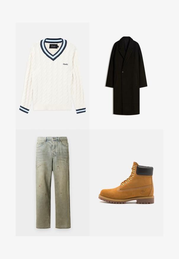 Długi czarny wełniany płaszcz z szerokim kołnierzem, zapinany na jeden guzik, z bocznymi kieszeniami, wyeksponowany na białym tle.; Sweter w kolorze kremowym, dzianinowy, z wzorem w warkocze, zapinany na v, z granatowymi i jasnoniebieskimi paskami na kołnierzu i mankietach.; Zniszczone dżinsy w jasnym zielonym kolorze, z prostymi nogawkami, pięcioma kieszeniami oraz nierównomiernym blaknięciem i plamami farby.; Beżowe zamszowe botki sięgające kostki z czarną wyściełaną krawędzią, złotymi oczkami, białymi detalami szycia oraz wytrzymałą gumową podeszwą z wyraźnym bieżnikiem.