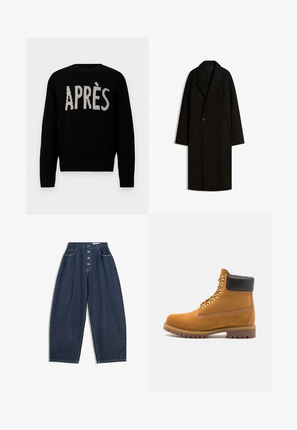 Long manteau en laine noir avec large col, fermeture à un bouton et poches latérales, présenté à plat sur un fond blanc.; Pull en tricot noir avec le mot « APRÈS » en crème contrastante. Col rond classique avec des poignets et un ourlet côtelés. Texture douce.; Pantalons en denim bleu foncé à jambes larges avec une taille haute, fermeture à cinq boutons et cinq poches. Présente des accents de couture sur les coutures.; Bottine en daim beige avec un col rembourré noir, œillets en métal doré, détails de surpiqûres blanches et semelle en caoutchouc robuste avec des crampons prononcés.