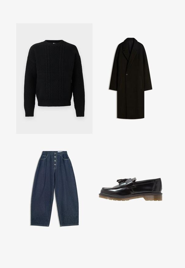 Dugi crni vuneni kaput s širokim ovratnikom, zatvaranjem na jedan gumb i bočnim džepovima, prikazan ravno na bijeloj pozadini.; Crni pleteni džemper s kabelskim i vaflastim uzorcima, okruglim izrezom, dugim rukavima te rebrastim manžetama i rubom.; Tamne široke hlače od tamnoplave denima s visokim strukom, zatvaranjem na pet dugmadi i pet džepova. Karakteriziraju ih prošiveni detalji na šavovima.; Crni lakirani kožni mokasini s pletenim dizajnom, s resicama i debelim, teksturiranim gumenim đonom. Bočni prikaz prikazuje elegantan siluet.