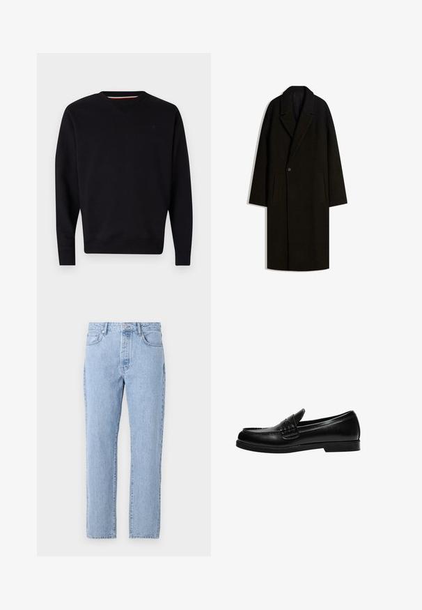 Dlouhý černý vlněný kabát s širokým límcem, uzávěrem na jeden knoflík a bočními kapsami, vystavený na bílém pozadí.; Replay Mikina - black; Světle modré džínové kalhoty se rovnými nohavicemi, pěti kapsami a zapínáním na knoflíky. Měkká textura s klasickým vybledlým vzhledem.; Černé kožené mokasíny s hladkým povrchem, které mají prošívání na nártu a nízkou, jednolitou černou gumovou podrážku.