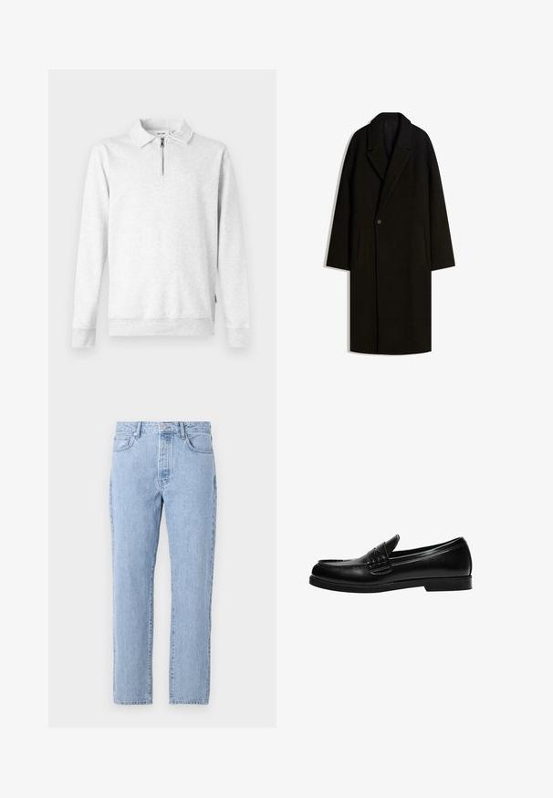 Lange zwarte wollen overjas met een brede kraag, sluiting met één knoop en steekzakken aan de zijkanten, plat weergegeven op een witte achtergrond.; Lichtgrijze sweatshirt met een ritssluiting bij de kraag, lange mouwen, ribgebreide manchetten en zoom. Gemaakt van zachte, gestructureerde stof. Geen patronen of accenten.; Lichtblauwe spijkerbroek met een recht model, vijf zakken en een knoopsluiting. Zachte textuur met een klassieke vervaagde afwerking.; Zwarte leren loafers met een gladde afwerking, voorzien van stiksel op de voorkant en een lage, stevige zwarte rubberen zool.