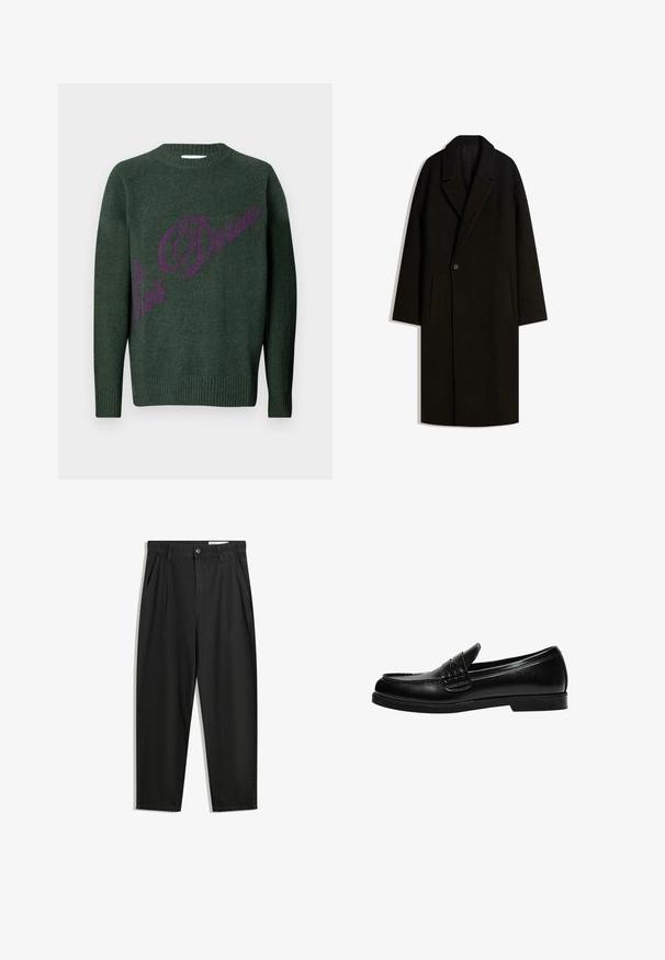 Long black wool overcoat with wide collar, single-button closure, and side slit pockets, displayed flat on white background.; Green knit sweater with ribbed hem and cuffs. Features a prominent purple logo/text design across the front. Classic crew neck style.; Black cotton trousers with a relaxed fit, featuring a classic waistband, front pleats, and side pockets. Smooth texture without patterns.; Black leather loafer with a smooth finish, featuring a stitch detail on the vamp and a low, solid black rubber sole.