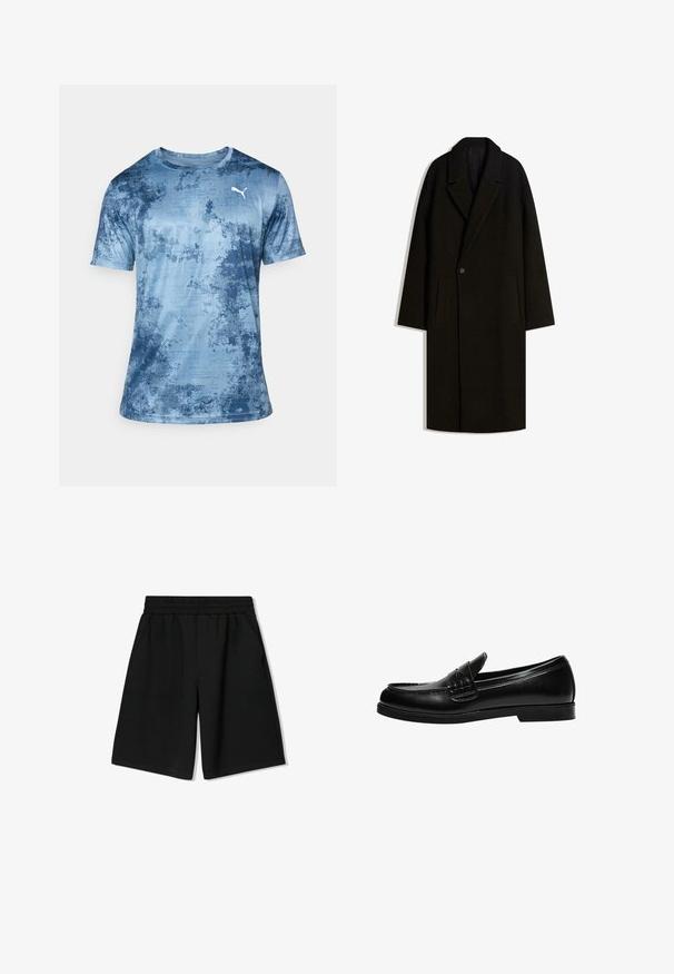 Pitkä musta villakangastakki leveällä kauluksella, yksittäisellä nappikiinnityksellä ja sivutaskuilla, esillä tasaisena valkoista taustaa vasten.; Sininen urheilupaita, jossa on teksturoitu, abstrakti kuvio. Lyhyet hihat, pyöreä kaula-aukko ja valkoinen Puma-logo rintaan. Kevyt materiaali.; Mustat puuvillashortsit, joissa on joustava vyötärö, sivutaskut ja rento leikkaus. Shortseissa on sileä pinta ja suora helma.; Musta nahka loaferi, jossa on sileä pinta, ja joka sisältää ommeltuja yksityiskohtia vampissa sekä matalan, kiinteän mustan kumipohjan.
