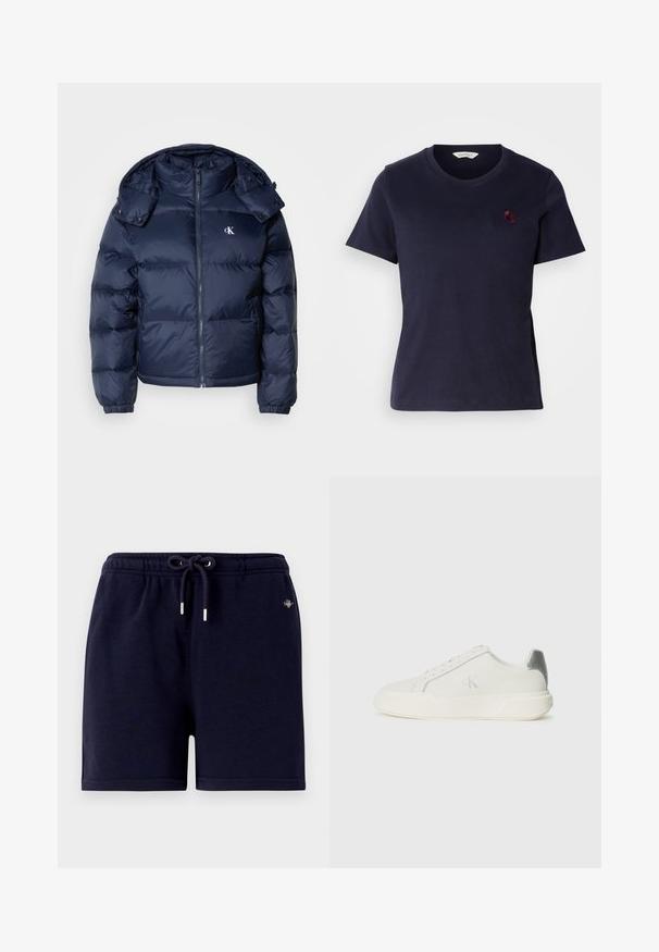 Dunkelblauer Pufferjacke mit durchgehendem Reißverschluss, abnehmbarer Kapuze und elastischen Bündchen. Besitzt ein dezentes Logo auf der Brust und eine gesteppten Textur.; Navyblaue Baumwoll-T-Shirt mit V-Ausschnitt, kurzen Ärmeln und einem kleinen, burgunderrot gestickten Logo auf der Brust. Weicher Stoff.; Marineblaue Baumwollshorts mit einem elastischen Bund, Kordelzug und silbernen Metallelementen. Einfaches Design, keine sichtbaren Muster.; Weißer Sneaker aus Leder mit glatter Textur, ausgestattet mit einem silbernen Akzent an der Ferse, flacher Sohle und minimalistischem Design.