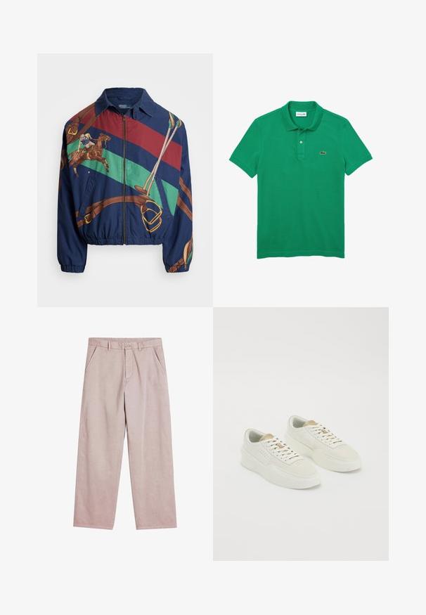Marinejakke med et grafisk design, der viser en rytter på en hest, brune detaljer og stribemønstre i grøn, rød og brun. Lynlås lukning.; Grøn polo skjorte lavet af bomuld, med en klassisk krave, tre knapper foran og et lille broderet logo på brystet.; Lys rosa vide benbukser lavet af blødt stof, med forlommer og knaplukning, samt diskrete stikninger.; Et par off-white lavtop sneakers med beige detaljer, tykke såler og hvide snørebånd på en ensfarvet hvid baggrund.
