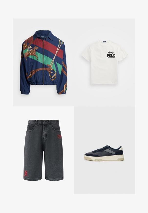 Marinejakke med et grafisk design, der viser en rytter på en hest, brune detaljer og stribemønstre i grøn, rød og brun. Lynlås lukning.; Hvid bomulds T-shirt med rund hals, med et sort "Polo Motorsport" logo og krydsede ternede flag på venstre bryst.; Sorte denim shorts med forlommer og dekorativ rød broderi på venstre ben, med et brandlogo og designtema.; BOSS BALTIMORE - Sneakers - open blue
