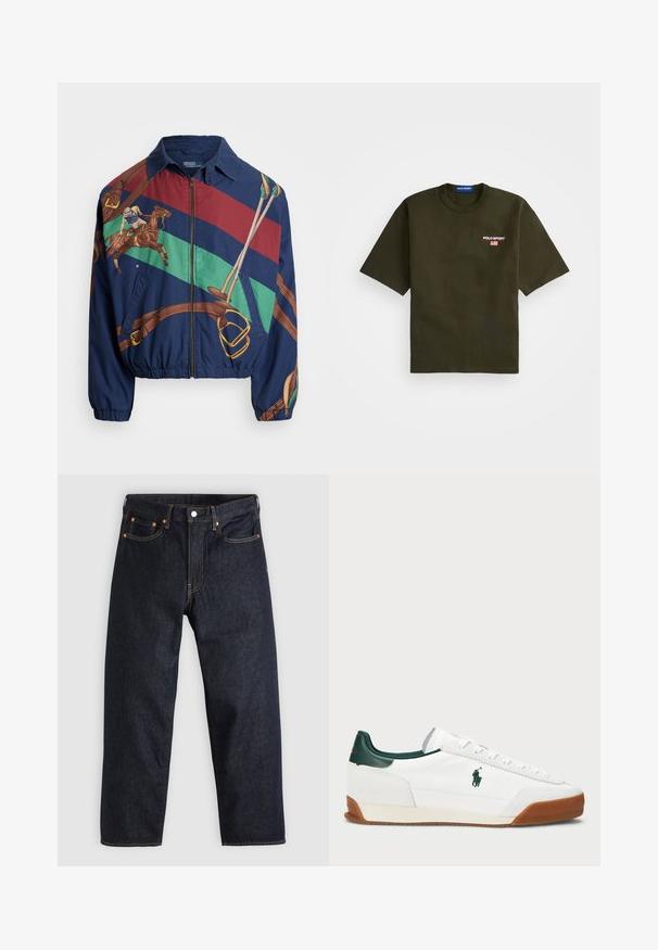 Navy jacket with a graphic design featuring a rider on a horse, brown accents, and striped patterns in green, red, and brown. Zip closure.; Olive green t-shirt with short sleeves, crew neck, and embroidered "POLO SPORT" logo on the left chest, featuring an American flag detail.; Dark blue denim jeans with a straight cut, five pockets, contrasting orange stitching, and a button fly. No visible patterns or embellishments.; White sneaker with green leather accents and a tan rubber sole. Features a fabric body and a prominent logo on the side. Laced design.