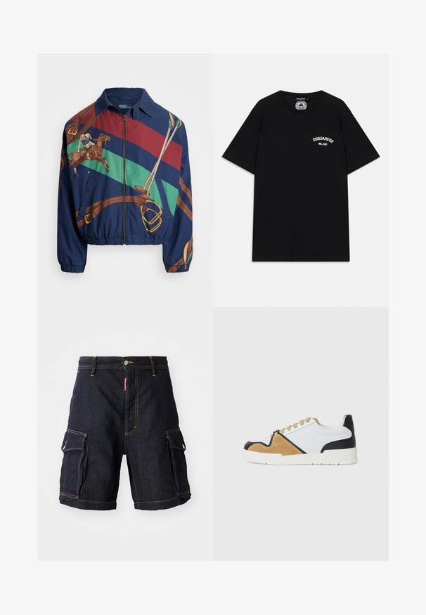Morska jakna z grafičnim dizajnom, ki prikazuje jahača na konju, rjave akcentu in črtaste vzorce v zeleni, rdeči in rjavi barvi. Zapiranje na zadrgo.; Črna bombažna majica s kratkimi rokavi, s belim logotipom "DSQUARED2 MILANO" na prsih. Oblika s krožnim ovratnikom, gladka tekstura.; Temno modri jeans kratke hlače z več stranskimi žepi, rumenimi šivi in gumbnim pasom. Material je trpežen in vzdržljiv.; Tenisice izdelane iz bele tekstila s svetlo rjavim semišem in črnimi usnjenimi detajli, z zaobljenim prstom, ravnim vezalnim dizajnom in teksturirano podplat.
