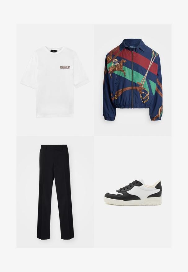 Námořnická bunda s grafickým designem znázorňující jezdce na koni, hnědými akcenty a pruhovanými vzory v zelené, červené a hnědé barvě. Zapínání na zip.; Bílý bavlněný tričko s krátkým rukávem a kulatým výstřihem, s hnědým potištěným logem na levé části hrudi, které označuje 30. výročí.; Černé kalhoty na míru s širokým střihem, s hladkou texturou a ostrými záhyby, vyrobené z tkané látky.; Černobílé tenisky s hladkým koženým svrškem, zaoblenou špičkou a plochou gumovou podrážkou. Mají černé šněrování a měkkou vnitřní podšívku.