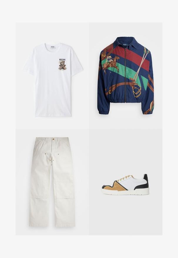 Morska jakna z grafičnim dizajnom, ki prikazuje jahača na konju, rjave akcentu in črtaste vzorce v zeleni, rdeči in rjavi barvi. Zapiranje na zadrgo.; Bela bombažna majica s potiskom rjavega medveda, ki nosi modro kapo, z imenom blagovne znamke "Moschino" nad ilustracijo.; Bele hlače iz belega bombaža s sproščenim krojem, z sprednjimi žepi, zlatimi dodatki in detajli na kolenih.; Tenisice izdelane iz bele tekstila s svetlo rjavim semišem in črnimi usnjenimi detajli, z zaobljenim prstom, ravnim vezalnim dizajnom in teksturirano podplat.