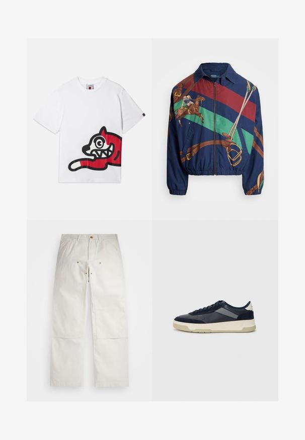 Marinejakke med et grafisk design, der viser en rytter på en hest, brune detaljer og stribemønstre i grøn, rød og brun. Lynlås lukning.; Hvid bomulds t-shirt med et stort rød- og sort grafisk motiv af en tegneserieagtig kat med overdimensionerede øjne og tænder, placeret på siden.; Hvide bomuldsbukser med en afslappet pasform, der har forlommer, guld hardware detaljer og knælapper.; BOSS BALTIMORE - Sneakers - open blue