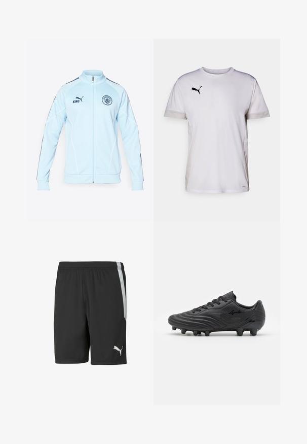 Vaaleansininen vetoketjullinen urheilu takki tummansinisillä yksityiskohdilla, valkoisella kaitaleella ja kirjailulla logolla. Siinä on ribbireunukset hihansuissa ja vyötäröllä.; Valkoinen lyhythihainen urh-Shirt, jossa on pyöreä pääntie, ja sivuilla hengittäviä verkkomateriaaleja sekä musta Puma-logo rinnassa.; Mustat urheilushortsit, jotka on valmistettu kevyestä kankaasta. Niissä on valkoinen sivuraidan ja valkoinen Puma-logo vasemmassa etuosassa.; Joma AGUILA - Jalkapallokengät kiinteälle alustalle - black