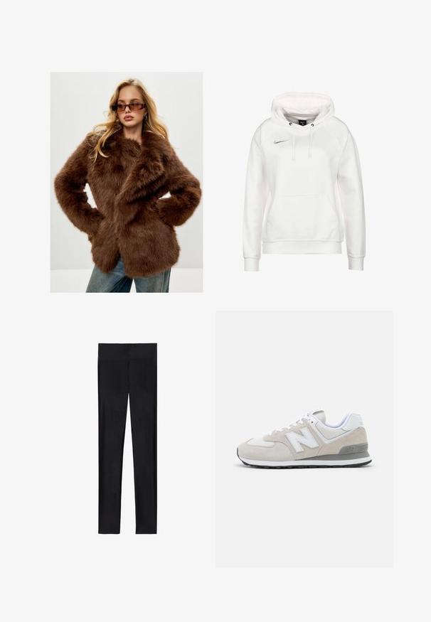 Cesare Gaspari Wintermantel - brown; Weißer Nike Hoodie mit einer frontalen Kängurutasche, verstellbaren Kordeln und einem kleinen silbernen Logo auf der Brust. Weicher Stoff und gerippte Bündchen.; Schwarze Leggings aus dehnbarem Material; mit glatter Textur, ganzlänglichem Design und elastischem Bund ohne sichtbare Nähte.; Helle beigen Sneakers aus einer Kombination von Wildleder und Mesh-Materialien. Das Design umfasst ein hervorgehobenes weißes Logo und graue Akzente. Gummisohle.