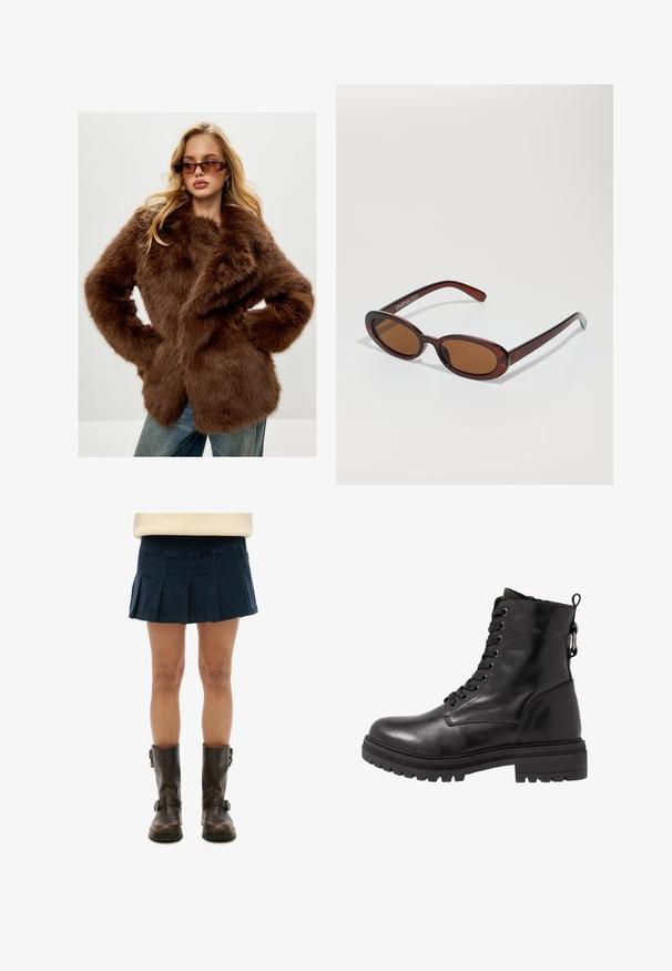 Cesare Gaspari Vinterfrakke - brown; Sort turtleneck sweater lavet af blød strikket stof. Har lange ærmer og et tætsiddende design med en lige kant.; Marineblå plisseret miniskørt i blødt stof, parret med knæhøje brune læderstøvler med spænder. Skørtet har et struktureret design.; Sort læder ankelstøvle med rund tå, snørebånd foran og struktureret gummisål. Har en hanke bagpå og forstærket syning.; Runde, bruntonede solbriller med en glansfuld bordeauxramme. Slanke arme med diskret brandingdetalje. Flad linsedesign.; Brun læderhåndtaske med et struktureret design. Har en frontklap, dobbelt håndtag, en aftagelig skulderrem og et blomster tørklæde bundet på den ene side.