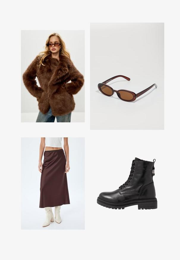 Cesare Gaspari - Płaszcz zimowy; Czarny sweter z golfem wykonany z miękkiej dzianiny. Posiada długie rękawy oraz dopasowany krój z prostym wykończeniem.; Brązowa satynowa spódnica maxi o gładkiej fakturze, z dopasowanym pasem. Połączona z białymi botkami do kolan, tworząc kontrastowy wygląd.; Czarny skórzany botek za kostkę z okrągłym noskiem, sznurówką z przodu i teksturowaną gumową podeszwą. Posiada pętelkę z tyłu i wzmocnione szwy.; Okrągłe, brązowe okulary przeciwsłoneczne z błyszczącą bordową oprawą. Cienkie ramiona z subtelnym detalem marki. Płaski kształt soczewek.; Brązowa skórzana torebka o strukturalnym designie. Posiada przednią klapkę, podwójne uchwyty, odpinany pasek na ramię oraz kwiecisty szalik związany z jednej strony.; Czarne skórzane rękawiczki z trzema wyraźnymi sekcjami palców i jedną sekcją na kciuk, z elastycznymi mankietami zapewniającymi dopasowanie. Gładka tekstura.