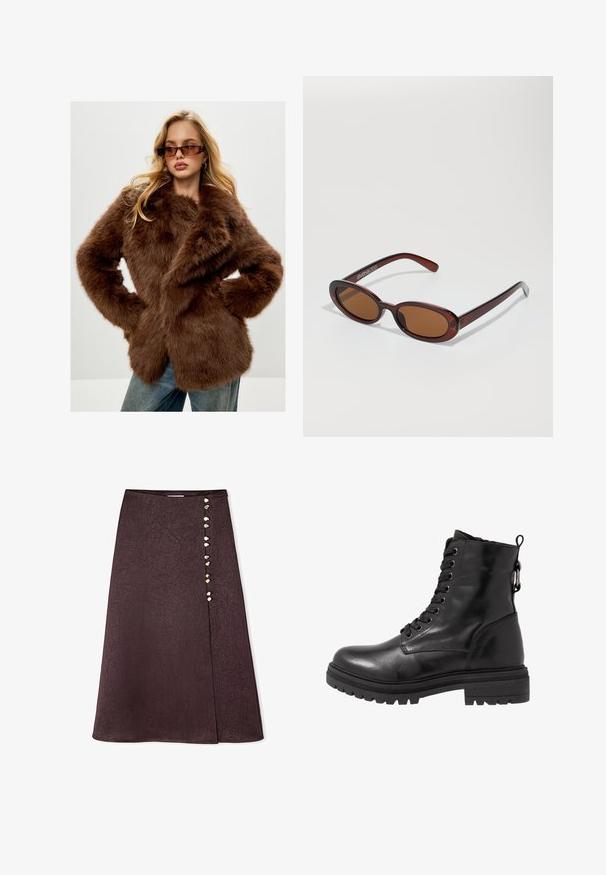 Cesare Gaspari Wintermantel - brown; Schwarzer Rollkragenpullover aus weichem Strickstoff. Mit langen Ärmeln und einer engen Passform sowie einem geraden Saum.; Burgunderfarbener Midirock mit gekräuselter Textur, ausgestattet mit einem Schlitz vorne und dekorativen Stein-Knöpfen auf der linken Seite.; Schwarze Leder-Stiefelette mit runder Zehenpartie, Schnürung vorne und strukturiertem Gummi-Sohle. Verfügt über eine Zuglasche hinten und verstärkte Nähte.; Runde, braun getönte Sonnenbrillen mit einem glänzenden burgunderfarbenen Rahmen. Schlanke Bügel mit dezentem Branding. Flaches Linsendesign.; Braune Leder-Handtasche mit strukturiertem Design. Sie verfügt über einen Frontklappenverschluss, zwei Tragegriffe, einen abnehmbaren Schultergurt und einen floralen Schal, der an einer Seite gebunden ist.; Schwarze Lederhandschuhe mit drei verschiedenen Fingerbereichen und einem Daumenbereich, ausgestattet mit elastischen Bündchen für eine enge Passform. Glatte Textur.