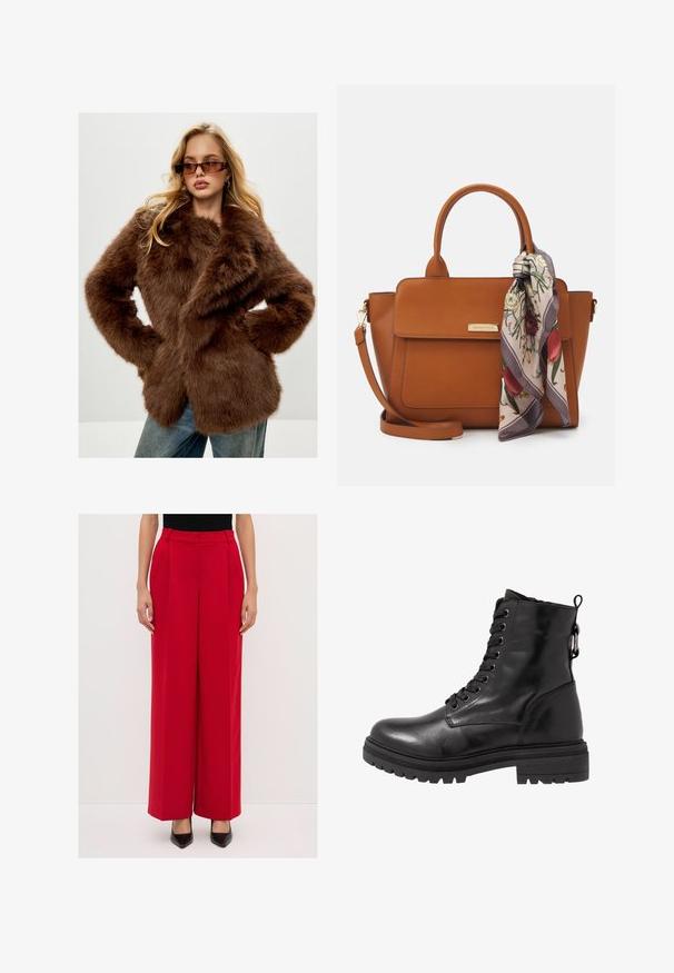 Cesare Gaspari Wintermantel - brown; Zwarte coltrui gemaakt van zachte bre knit stof. Kenmerken zijn lange mouwen en een getailleerd ontwerp met een rechte zoom.; Rode wijde pijpenbroek met een gladde textuur, voorzien van tailleplooien en een hoge taille. Gecombineerd met zwarte puntige schoenen.; Zwarte leren enkelboot met ronde neus, vetersluiting aan de voorkant en een getextureerde rubberen zool. Hij heeft een lus aan de achterkant en versterkte stiksels.; Bruine lederen handtas met een gestructureerd ontwerp. Voorzien van een voorflap, dubbele handvaten, een verwijderbare schouderband en een bloemen sjaal die aan één kant is vastgebonden.