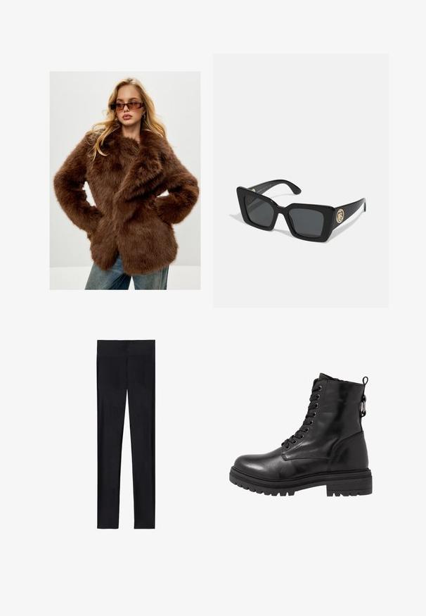 Cesare Gaspari Vinterkappa /-rock - brown; Svart polotröja i mjukt stickat tyg. Har långa ärmar och en åtsittande design med en rak fåll.; Svarta leggings tillverkade av elastiskt tyg; har en slät yta, helängd design och en elastisk midja utan synliga sömmar.; Svart läderankelsko med rund tå, snörning fram och texturerad gummisula. Har en dragflik baktill och förstärkt sömnad.; Svarta fyrkantiga solglasögon med mörka linser och blanka svarta skalmar. Har en gyllene rund hårdvaruaccents på sidan. Slät yta överlag.; Brun läderhandväska med en strukturerad design. Har en frontklaff, dubbla handtag, ett avtagbart axelband och en blommig scarf knuten på ena sidan.; Svarta läderhandskar med tre distinkta fingersektioner och en tumsektion, med elastiska muddar för en tight passform. Slät textur.