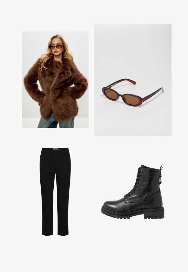 Cesare Gaspari Cappotto invernale - brown; Maglione a collo alto di colore nero realizzato in morbido tessuto a maglia. Presenta maniche lunghe e un design aderente con orlo diritto.; Pantaloni in cotone neri, progettati con una vestibilità dritta. Presentano cinque tasche e una chiusura con bottone frontale. Texture liscia, dettagli di cucitura minimi.; Stivale in pelle nera alla caviglia con punta tonda, chiusura con lacci frontale e suola in gomma testurizzata. Presenta una fettuccia sul retro e cuciture rinforzate.; Occhiali da sole rotondi con tonalità marrone, montatura lucida color bordeaux. Aste sottili con un sottile dettaglio del marchio. Design delle lenti piatte.; Borsa a mano in pelle marrone con design strutturato. Presenta una patta anteriore, manici doppi, una tracolla removibile e una sciarpa floreale annodata su un lato.; Guanti in pelle nera con tre sezioni distinte per le dita e una sezione per il pollice, dotati di polsini elasticizzati per una vestibilità aderente. Texture liscia.