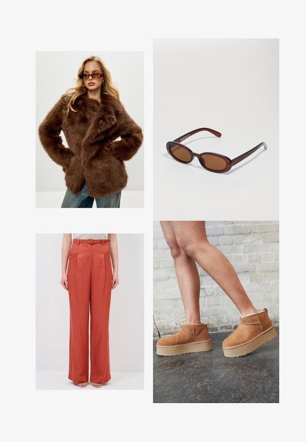 Cesare Gaspari Talvitakki - brown; Musta poolapüksi kootud pehmest kangast. Omab pikki varrukaid ja õiget kujundust sirge allääriga.; Löysät housut rusti-oranssista kankaasta, joka on sileä tekstuuriltaan. Housuissa on hyvin istuva vyötärö ja siihen sopiva vyö metallikoristeilla.; Ruske mokasine do gležnja od nubuk kože s mekim podstavom, debelim bež platformama i stražnjim držačem. Teksturirana površina s vidljivim detaljima šavova.; Pyöreät, ruskehtavat aurinkolasit, joissa on kiiltävä burgundinpunainen runko. Kapeat sivut, joissa on hienovarainen brändäys. Litteät linssit.; Ruskea nahkakäsilaukku, jossa on jämäkkä muotoilu. Ominaisuuksiin kuuluvat etuflappi, kaksinkertaiset kahvat, irrotettava olkahihna ja yhteen puoleen sidottu kukkakaulaliina.; Mustat nahkahanskat, joissa on kolme erillistä sormiosaa ja yksi peukaloväli, joustavat hihansuut tiukan istuvuuden takaamiseksi. Sujuva pinta.