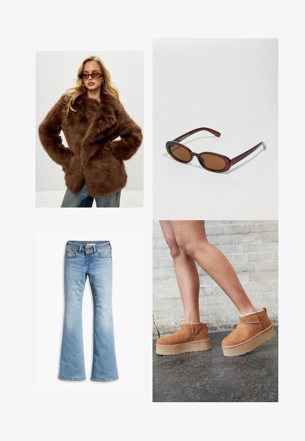 Cesare Gaspari Vinterfrakke - brown; Sort turtleneck sweater lavet af blød strikket stof. Har lange ærmer og et tætsiddende design med en lige kant.; Lyseblå jeans med flared ben, lavet af denim, med knappelukning, fem lommer og let falmning for et slidte udseende.; Brune ruskinds ankelsko med en blød foring, tyk beige plattformsål og en bageste løkke. Tekstureret overflade med synlige sømdetaljer.; Runde, bruntonede solbriller med en glansfuld bordeauxramme. Slanke arme med diskret brandingdetalje. Flad linsedesign.; Brun læderhåndtaske med et struktureret design. Har en frontklap, dobbelt håndtag, en aftagelig skulderrem og et blomster tørklæde bundet på den ene side.; Sorte læderhandsker med tre særskilt fingersektioner og én tommelfingersektion, med elastiske manchetter for en tæt pasform. Glat tekstur.