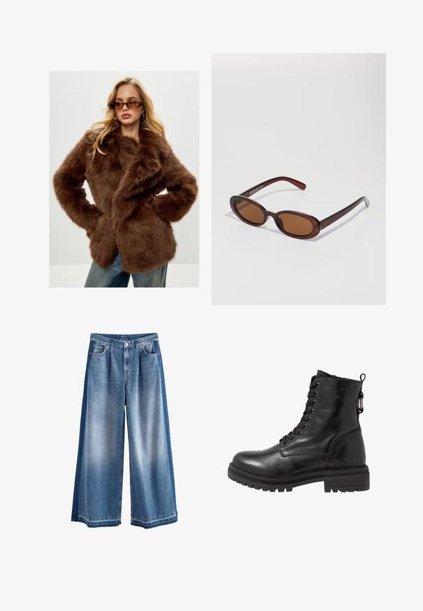 Cesare Gaspari Wintermantel - brown; Schwarzer Rollkragenpullover aus weichem Strickstoff. Mit langen Ärmeln und einer engen Passform sowie einem geraden Saum.; Weite Denim-Hosen in Licht- bis Mittelblau, mit einem ausgewaschenen Finish, klassischen Taschen und einem Knopfverschluss. Robustes Baumwollmaterial.; Schwarze Leder-Stiefelette mit runder Zehenpartie, Schnürung vorne und strukturiertem Gummi-Sohle. Verfügt über eine Zuglasche hinten und verstärkte Nähte.; Runde, braun getönte Sonnenbrillen mit einem glänzenden burgunderfarbenen Rahmen. Schlanke Bügel mit dezentem Branding. Flaches Linsendesign.; Schwarze gesteppte Handtasche mit einem goldenen Dreieckslogo, ausgestattet mit einem doppelten Kettenriemen und einer glatten Lederstruktur. Rechteckige Form mit Klappenverschluss.