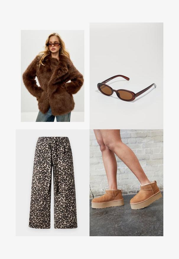 Cesare Gaspari Wintermantel - brown; Zwarte coltrui gemaakt van zachte bre knit stof. Kenmerken zijn lange mouwen en een getailleerd ontwerp met een rechte zoom.; Wijduitlopende broek in een luipaard print, met een zwart en beige kleurenschema, zachte stof en een elastische tailleband voor comfort.; Bruine suède enkelboots met een zachte voering, dikke beige plateauzool en een achterste lus. Getextureerde oppervlakte met zichtbare stiksels.; Ronde, bruin getinte zonnebril met een glanzend bordeauxrood frame. Slanke pootjes met subtiele merkdetails. Vlakke lensontwerp.; Zwarte gestikte handtas met een gouden driehoeklogo, voorzien van een dubbele kettingriem en een gladde leren textuur. Rechthoekige vorm met klepsluiting.