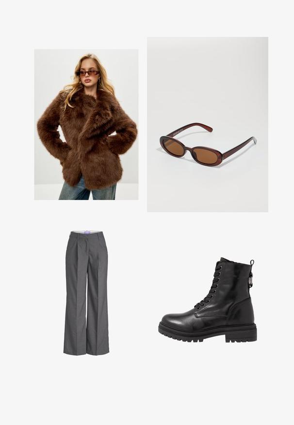 Cesare Gaspari Vinterfrakke - brown; Sort turtleneck sweater lavet af blød strikket stof. Har lange ærmer og et tætsiddende design med en lige kant.; Grå brede benbukser lavet af et tekstureret stof, med flad front og pyntede folder samt en standard livvidde, ideelle til formelt tøj.; Sort læder ankelstøvle med rund tå, snørebånd foran og struktureret gummisål. Har en hanke bagpå og forstærket syning.; Runde, bruntonede solbriller med en glansfuld bordeauxramme. Slanke arme med diskret brandingdetalje. Flad linsedesign.; Sort tørklæde lavet af et blødt, tekstureret stof. Har frynsede kanter og en rektangulær form, der er velegnet til at drape omkring halsen.