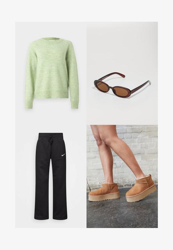 Cesare Gaspari Talvitakki - brown; Vaaleanvihreä neulepaita, valmistettu pehmeästä, tekstuurisesta kankaasta; siinä on pyöreä kaula-aukko, pitkät hihat ja resorit helmassa mukavan istuvuuden takaamiseksi.; Mustat collegehousut, jotka on valmistettu puuvillasekoitteesta, joten niissä on kiristettävä vyötärö, suoralahkeisuus ja vasemmalla puolella valkoinen Nike-logo.; Ruske mokasine do gležnja od nubuk kože s mekim podstavom, debelim bež platformama i stražnjim držačem. Teksturirana površina s vidljivim detaljima šavova.; Pyöreät, ruskehtavat aurinkolasit, joissa on kiiltävä burgundinpunainen runko. Kapeat sivut, joissa on hienovarainen brändäys. Litteät linssit.; Mustat tilkkutaskut, joissa on kultainen kolmion logo, kaksinkertainen ketjuhihna ja sileä nahkatunne. Suorakulmainen muoto, jossa on läppäkansilukko.