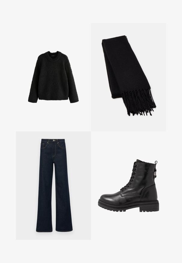Cesare Gaspari - Płaszcz zimowy; Next - Sweter; Ciemnoniebieskie dżinsy typu wide-leg z przednimi kieszeniami, szlufkami na pasek i zapięciem na guziki.; Czarny skórzany botek za kostkę z okrągłym noskiem, sznurówką z przodu i teksturowaną gumową podeszwą. Posiada pętelkę z tyłu i wzmocnione szwy.; Czarny szalik wykonany z miękkiej, teksturowanej tkaniny. Posiada strzępione krawędzie i prostokątny kształt, idealny do zarzucenia na szyję.