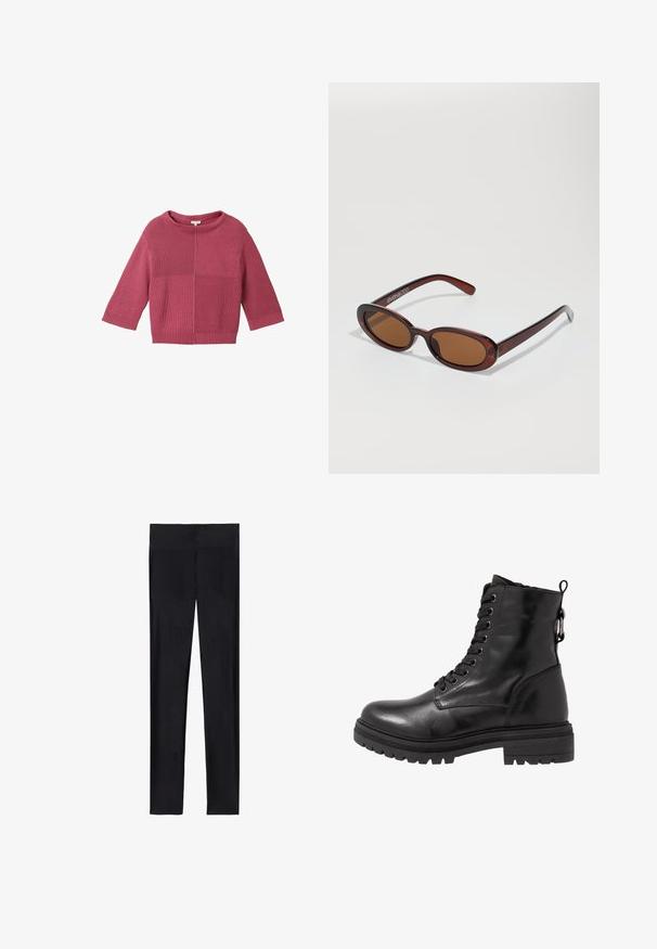 Cesare Gaspari - Płaszcz zimowy; Różowy sweter z prążkowanego materiału, okrągłym dekoltem, rękawami do łokcia i luźnym krojem. Miękka tekstura i minimalna ilość szwów.; Czarne legginsy wykonane z elastycznego materiału; charakteryzują się gładką teksturą, pełną długością i elastycznym pasem bez widocznych szwów.; Czarny skórzany botek za kostkę z okrągłym noskiem, sznurówką z przodu i teksturowaną gumową podeszwą. Posiada pętelkę z tyłu i wzmocnione szwy.; Okrągłe, brązowe okulary przeciwsłoneczne z błyszczącą bordową oprawą. Cienkie ramiona z subtelnym detalem marki. Płaski kształt soczewek.; Brązowa skórzana torebka o strukturalnym designie. Posiada przednią klapkę, podwójne uchwyty, odpinany pasek na ramię oraz kwiecisty szalik związany z jednej strony.; Czarne skórzane rękawiczki z trzema wyraźnymi sekcjami palców i jedną sekcją na kciuk, z elastycznymi mankietami zapewniającymi dopasowanie. Gładka tekstura.